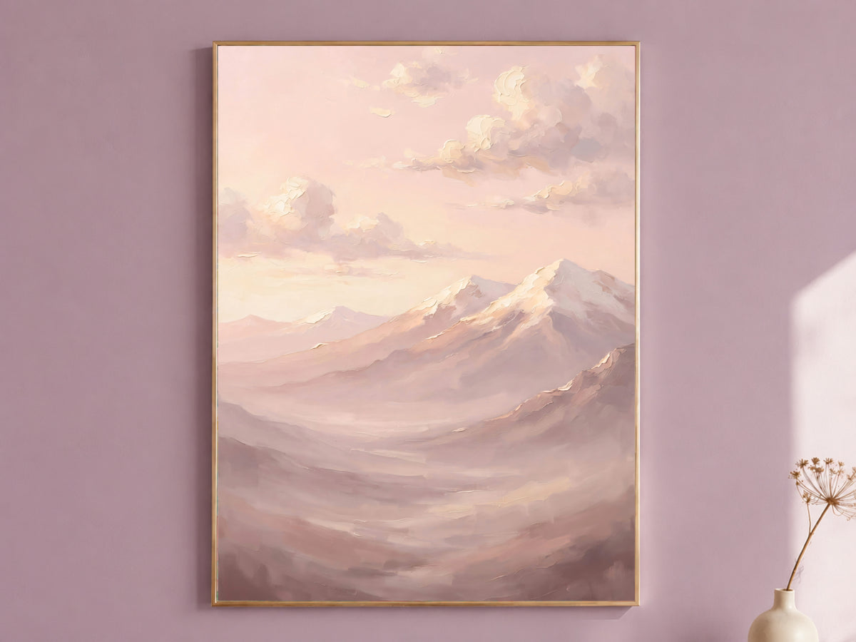 Blush Pink Mountain Painting Print, Pastel Landscape Art, Soft Mauve Wall Art, Printable Digital Download