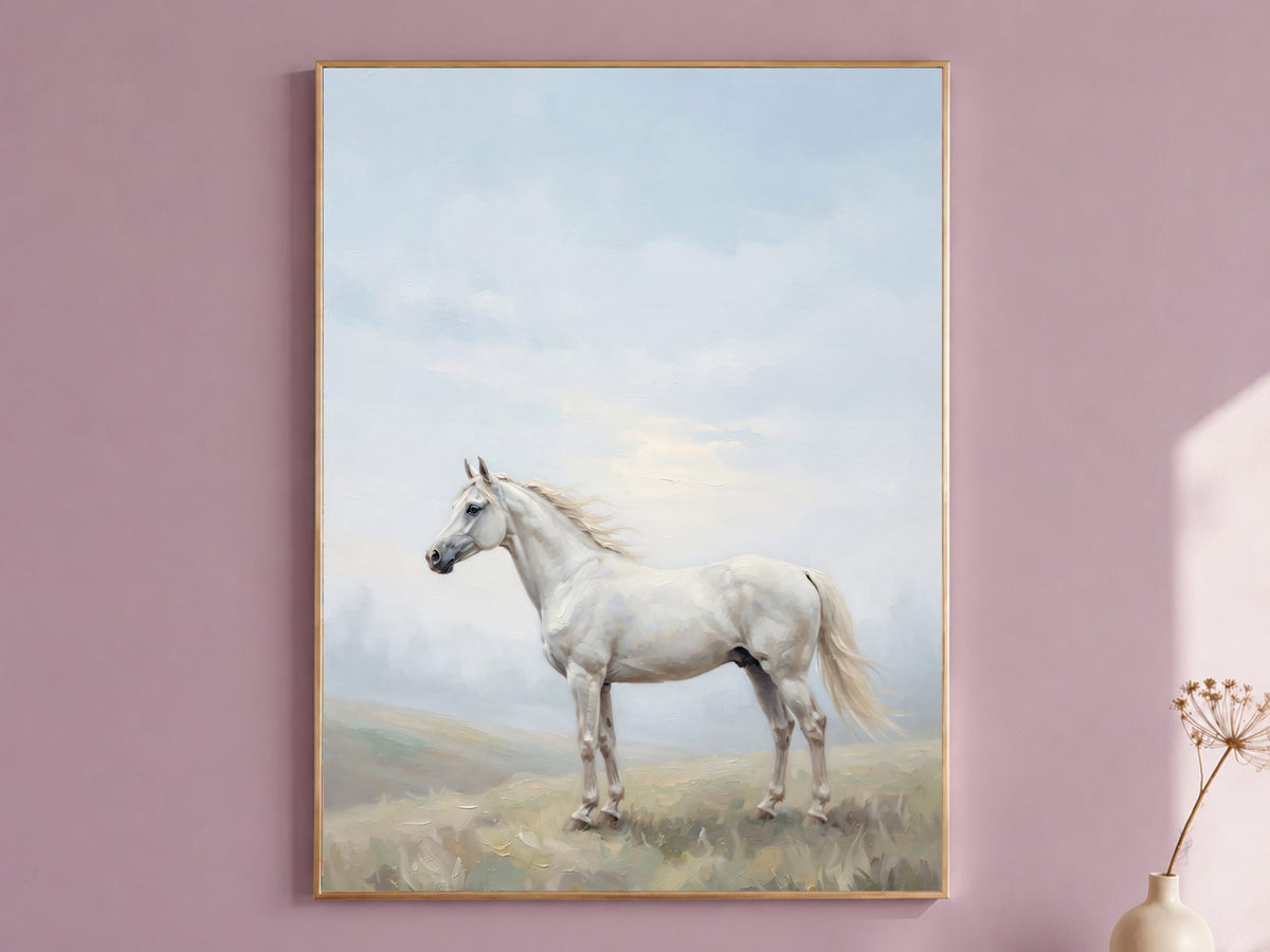 White Horse Wall Art, Misty Hills Oil Painting Print - Digital Download