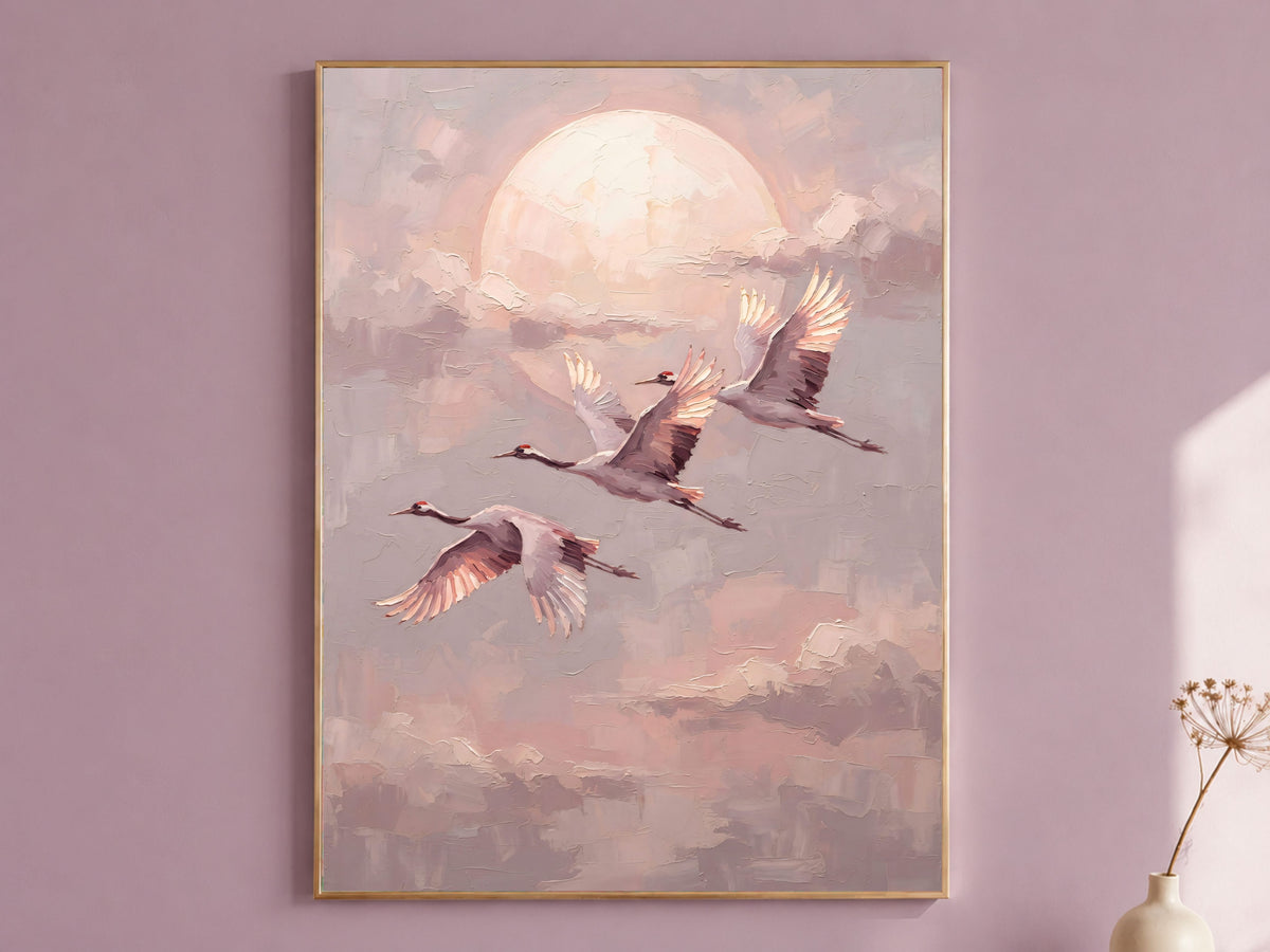 Japanese Crane Wall Art, Impasto Oil Painting Print - Digital Download