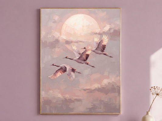 Japanese Crane Wall Art, Impasto Oil Painting Print - Digital Download
