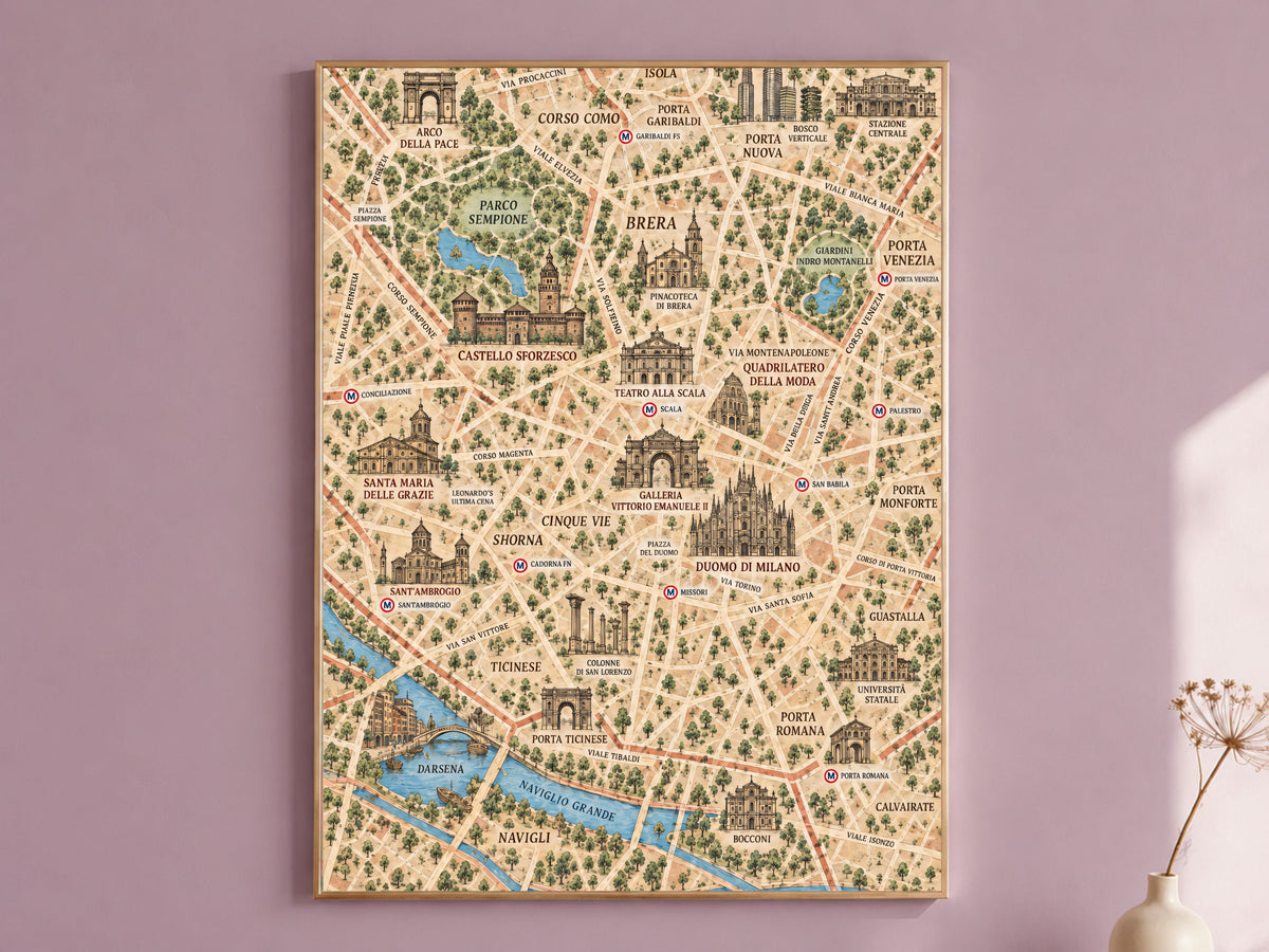 Milan Map Wall Art, Illustrated City Map Print - Digital Download