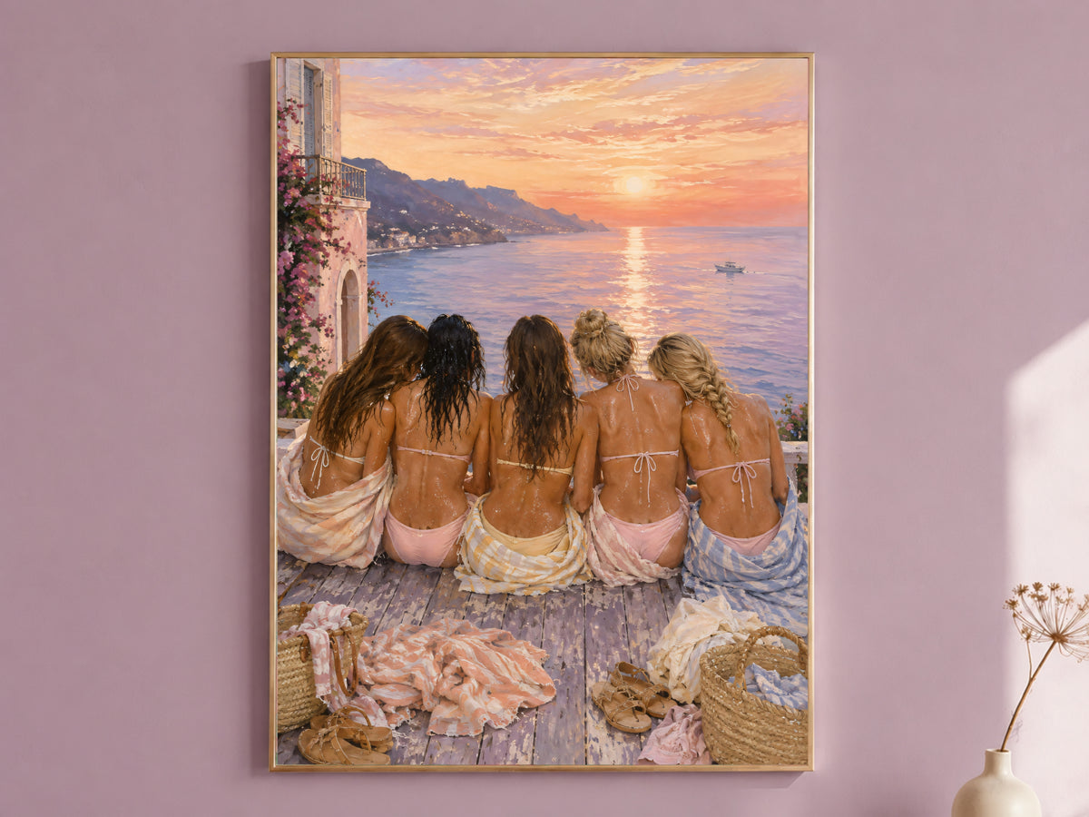 Girls trip Amalfi Coast sunset wall art print framed in gold on a mauve wall, digital download