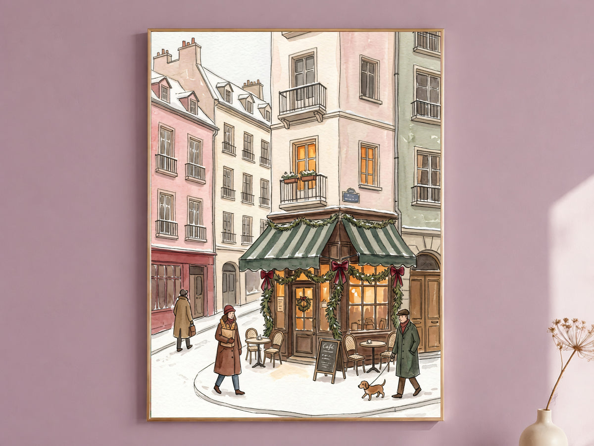 Snowy Paris Cafe Print, Christmas Bistro Watercolor, Winter Street Scene, Holiday Digital Download