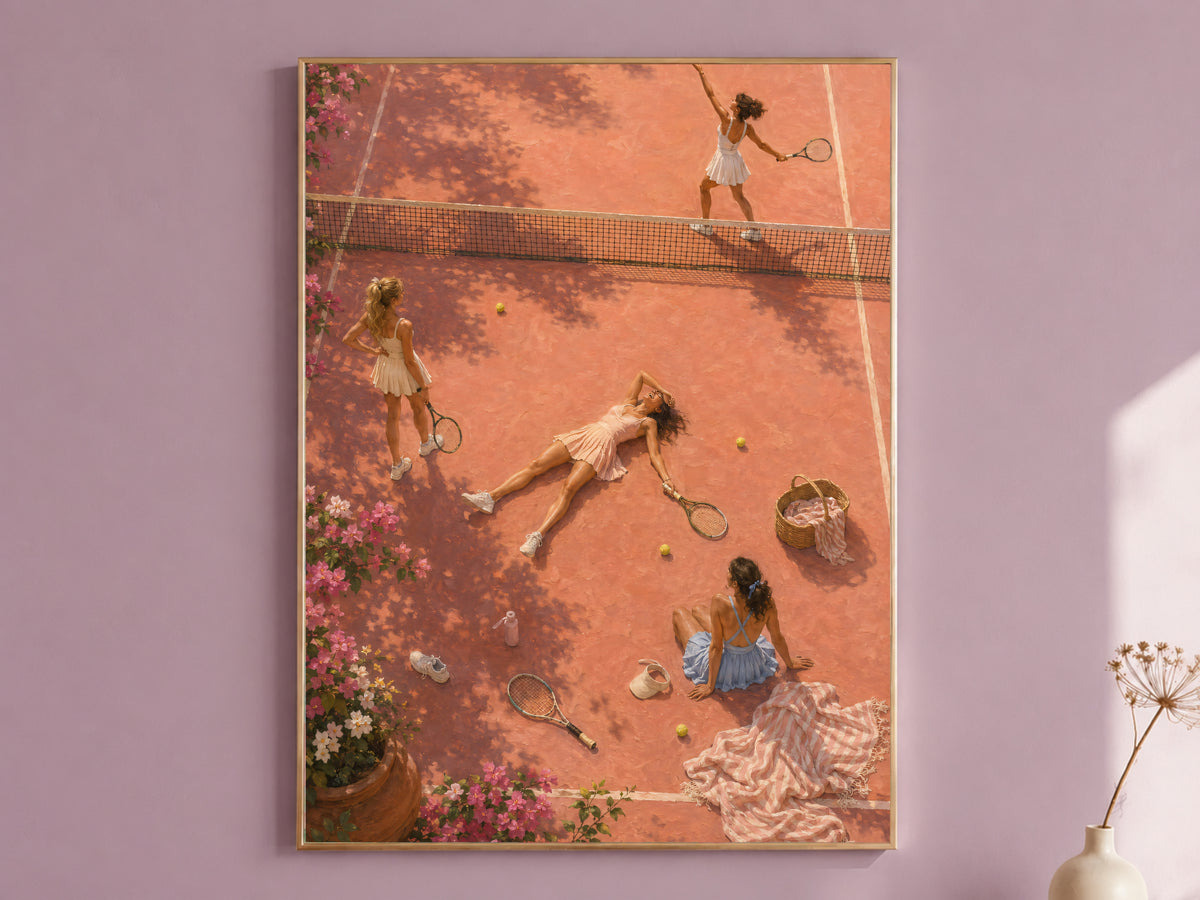 Pink tennis court aerial wall art print framed in gold on a mauve wall, girls trip digital download