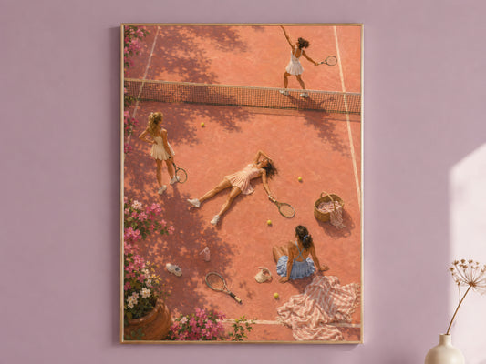 Pink tennis court aerial wall art print framed in gold on a mauve wall, girls trip digital download