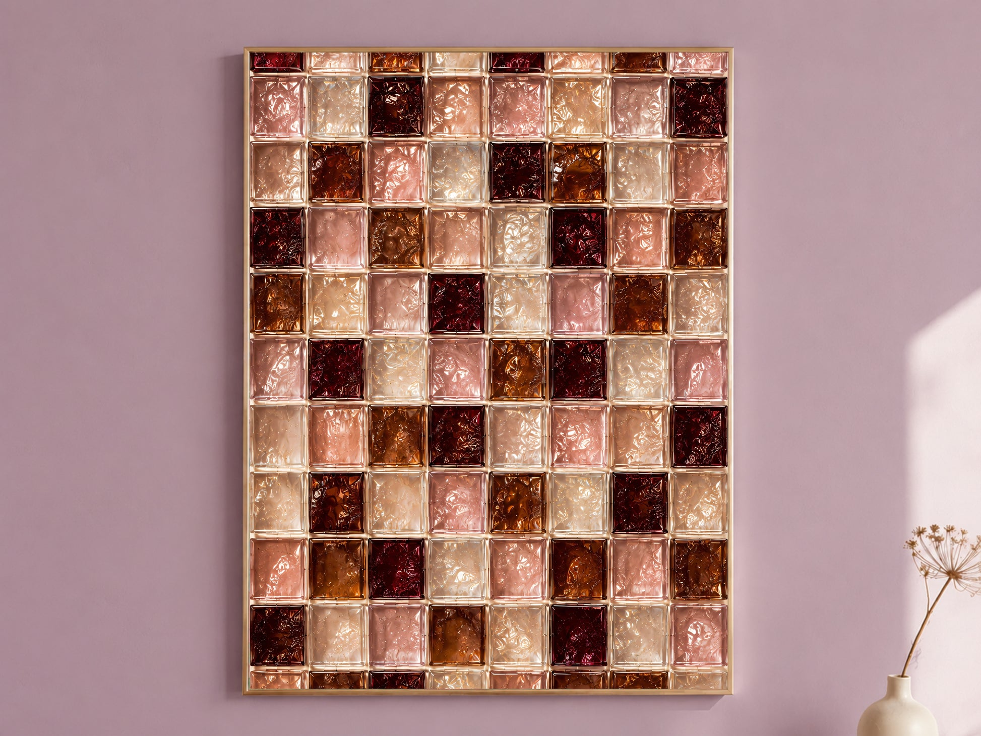 Blush pink and burgundy glass tile wall art in a gold frame on a mauve wall