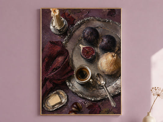 Dark academia fig still life print in gold frame on mauve wall, moody candlelit fruit painting