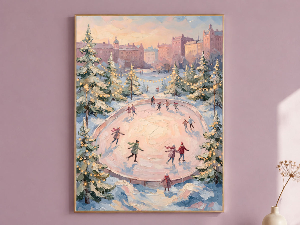 Ice Skating Rink Wall Art, Pink Sky Winter Print - Digital Download