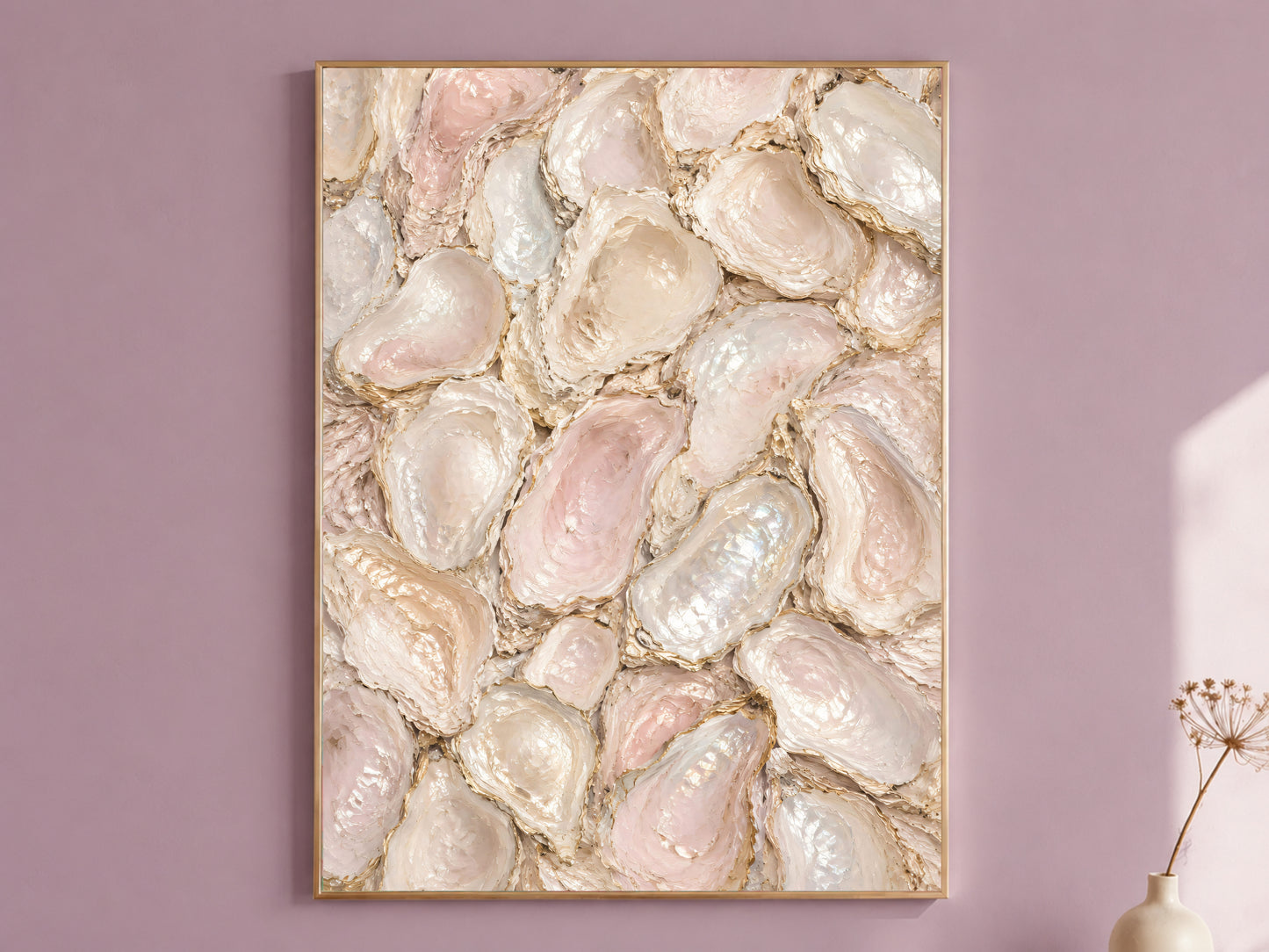 Oyster shell abstract print in gold frame on mauve wall, mother of pearl wall art