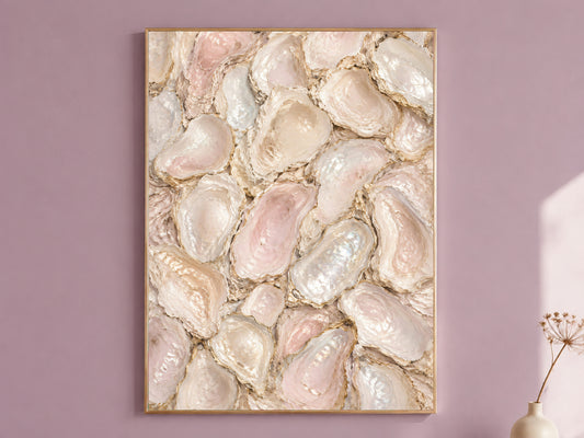 Oyster shell abstract print in gold frame on mauve wall, mother of pearl wall art