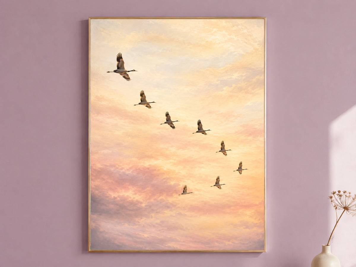 Flying Cranes Wall Art, Sunset Sky Print, Ethereal Pastel Bedroom Decor - Digital Download
