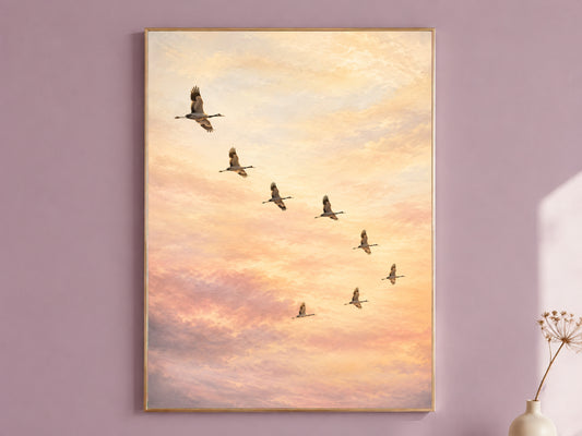 Flying Cranes Wall Art, Sunset Sky Print, Ethereal Pastel Bedroom Decor - Digital Download