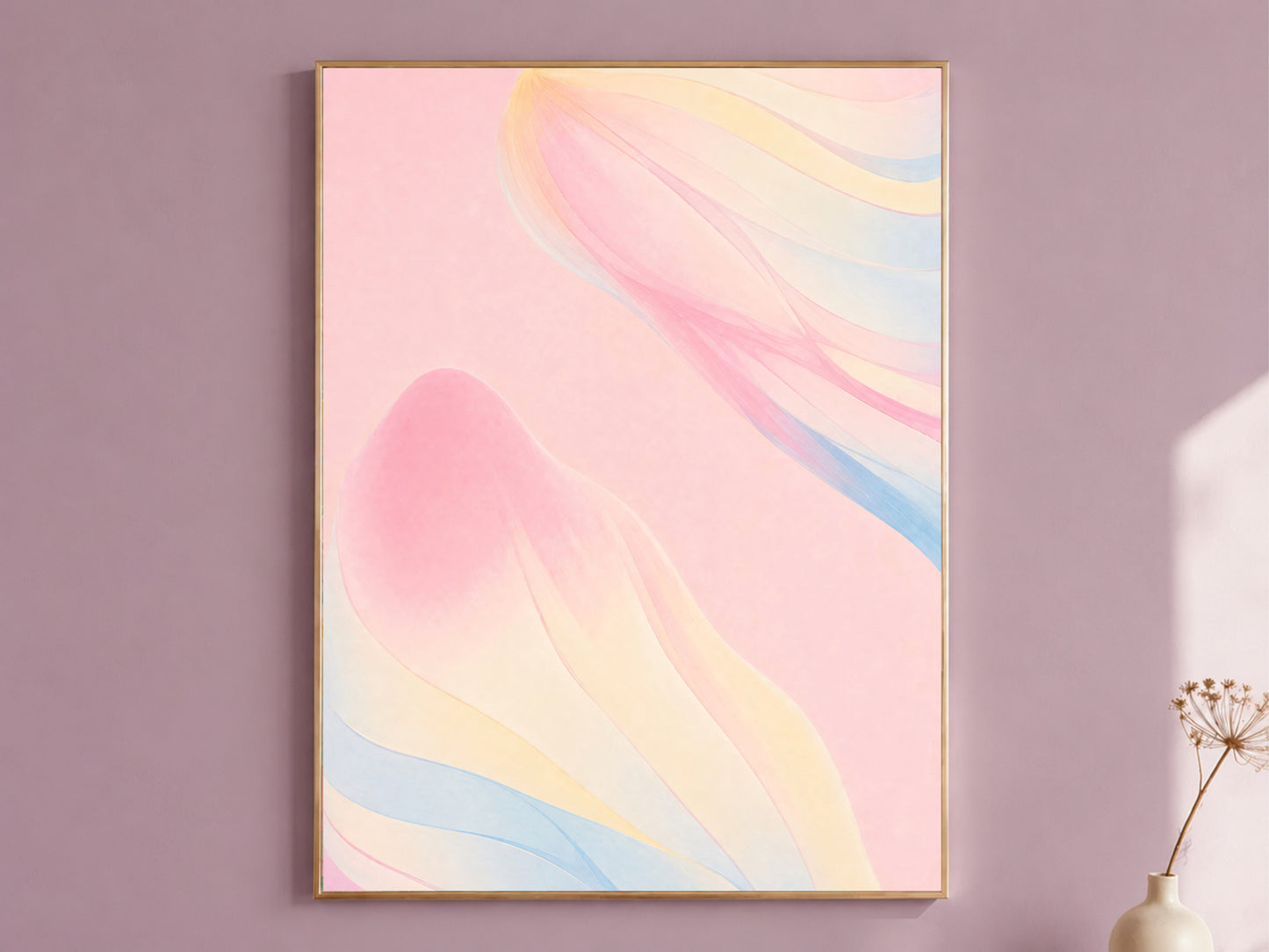 Ethereal pastel ribbon wall art print in a gold frame on a mauve wall, digital download
