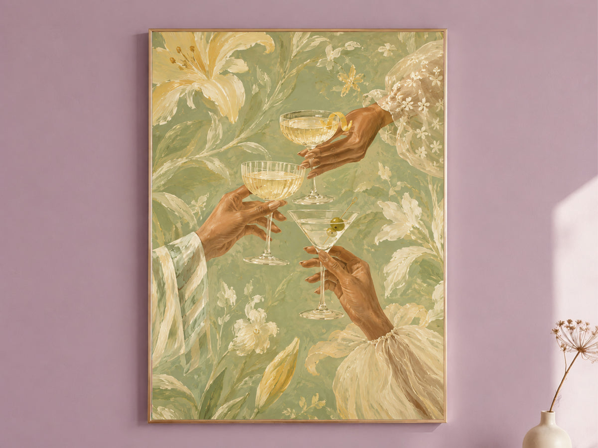 Cheers Cocktail Wall Art, Butter Yellow Floral Print - Digital Download