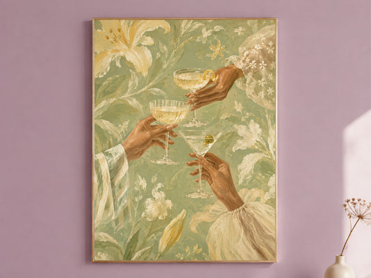 Cheers Cocktail Wall Art, Butter Yellow Floral Print - Digital Download