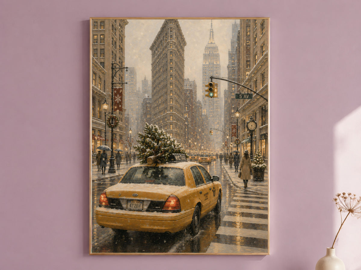 Flatiron Building Christmas NYC oil painting print in thin gold frame on mauve pink wall, gallery wall art mockup