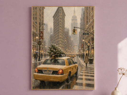 Flatiron Building Christmas NYC oil painting print in thin gold frame on mauve pink wall, gallery wall art mockup