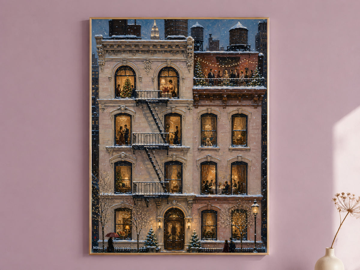 Framed NYC Christmas brownstone painting on mauve wall, glowing holiday windows