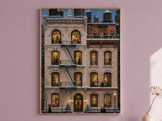 Framed NYC Christmas brownstone painting on mauve wall, glowing holiday windows