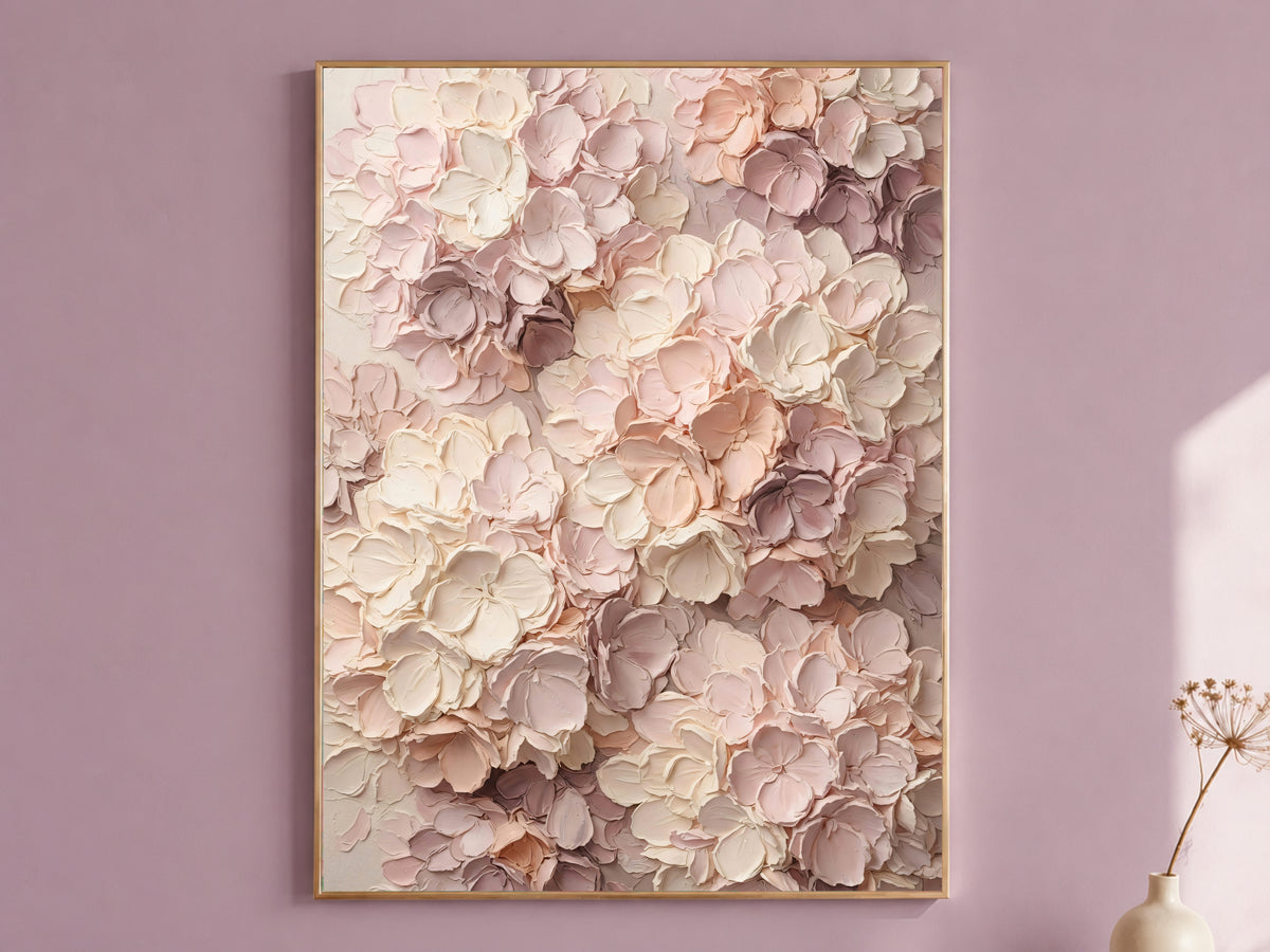 Pink Hydrangea Painting Print, Textured Floral Wall Art, Blush Impasto Flower Art, Printable Digital Download