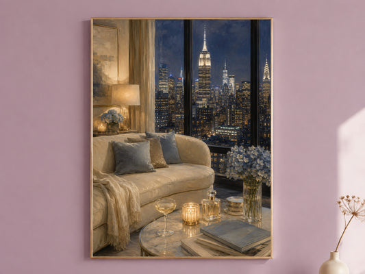 NYC Penthouse View Wall Art, Navy Blue City Skyline Print - Digital Download