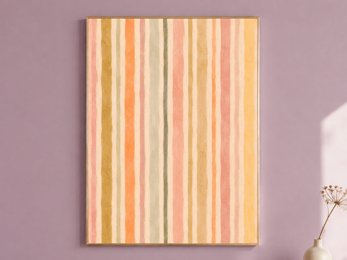 Pastel stripe wall art with boho brushstrokes in a mauve living room