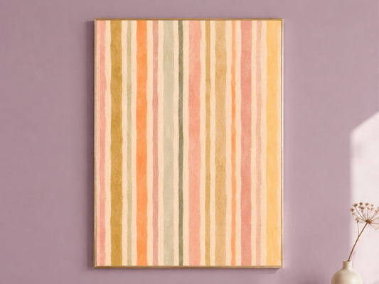 Pastel stripe wall art with boho brushstrokes in a mauve living room