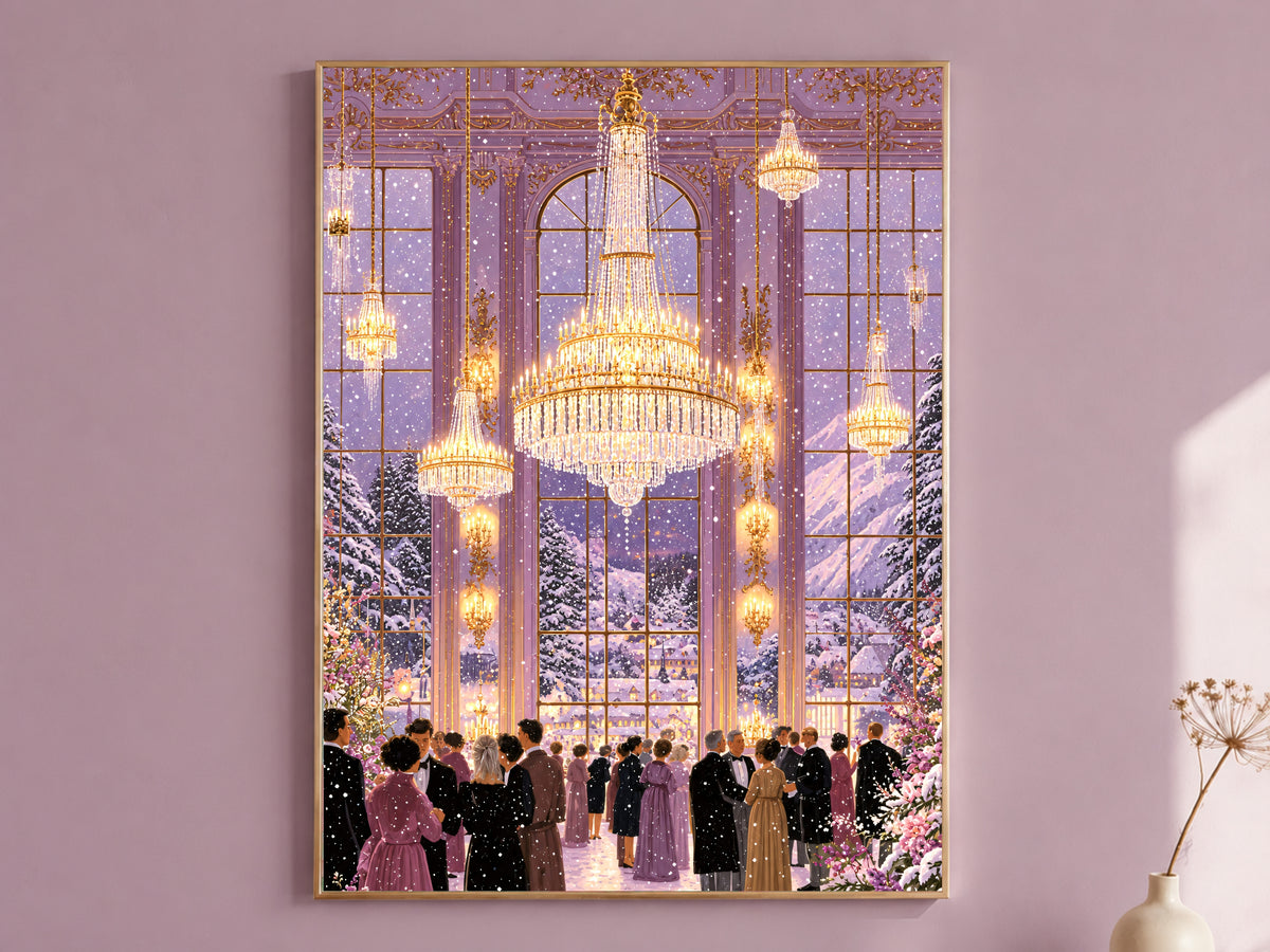Winter Ballroom Wall Art, Lavender Chandelier Painting, Snowy Holiday Ball Print, Elegant Purple Decor, Printable Digital Download