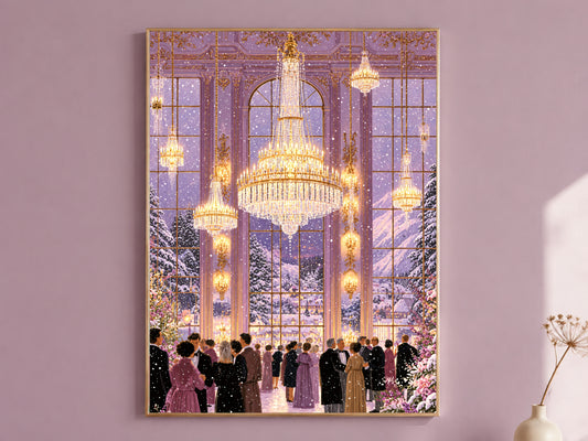 Winter Ballroom Wall Art, Lavender Chandelier Painting, Snowy Holiday Ball Print, Elegant Purple Decor, Printable Digital Download