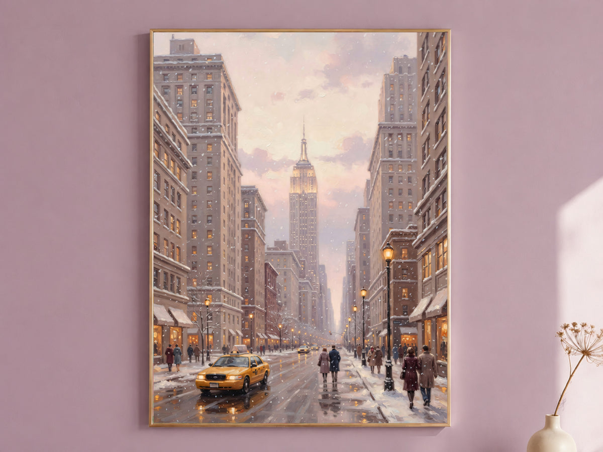 Snowy New York City Painting Print, NYC Winter Wall Art, Pastel Christmas City Art, Digital Download