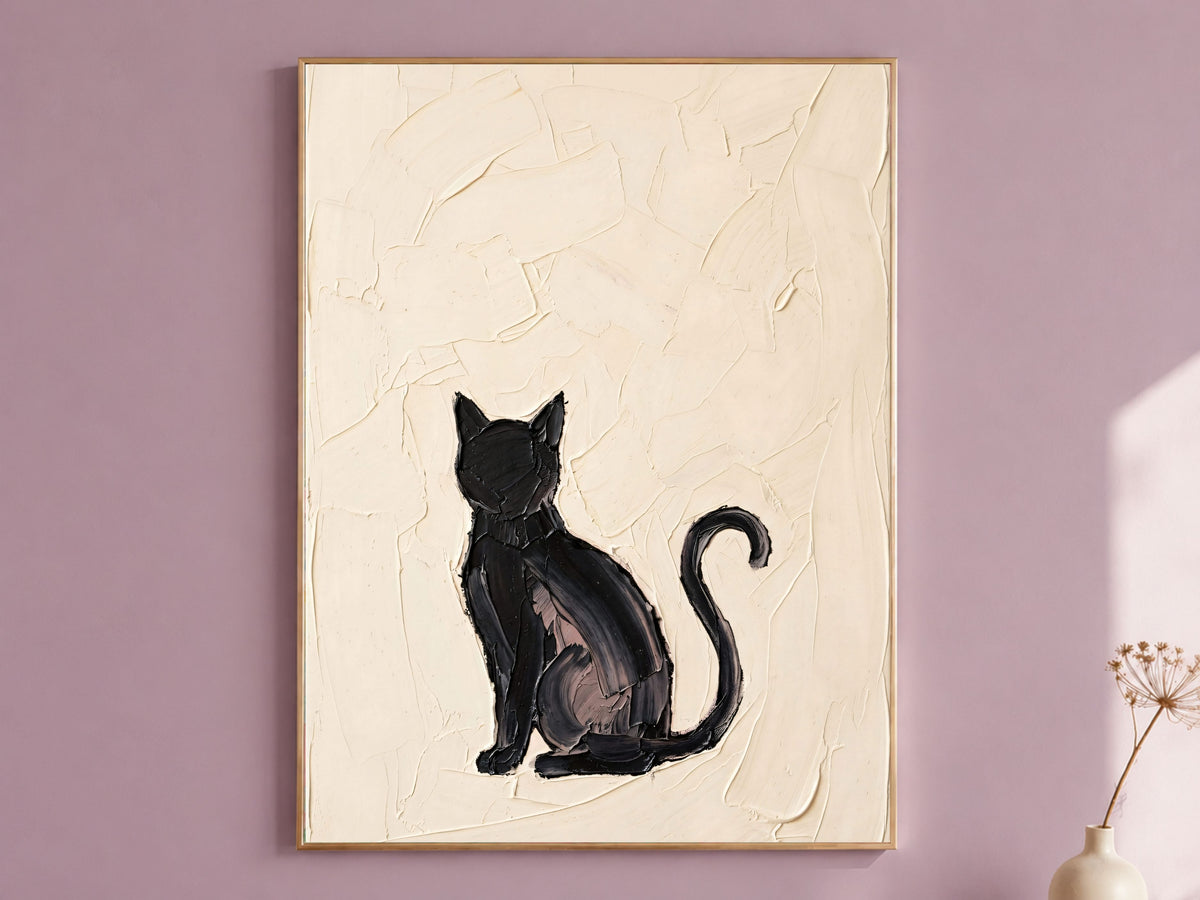 Minimalist Black Cat Wall Art, Impasto Oil Painting Print - Digital Download