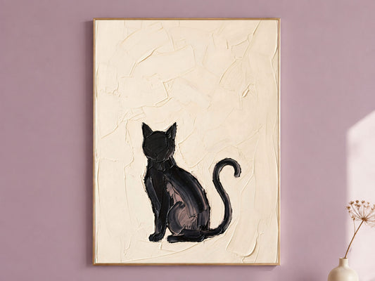Minimalist Black Cat Wall Art, Impasto Oil Painting Print - Digital Download