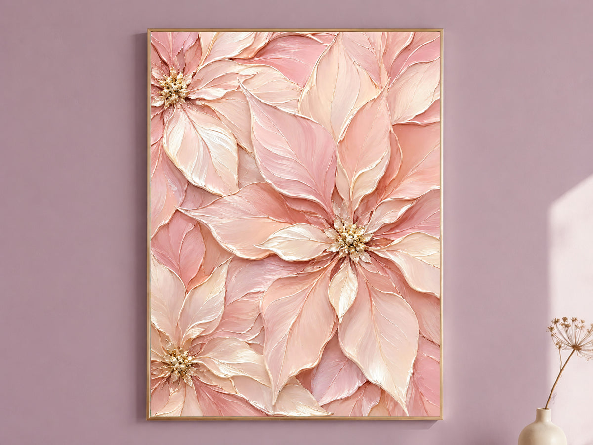 Framed pink poinsettia painting on mauve wall, blush and gold floral close-up