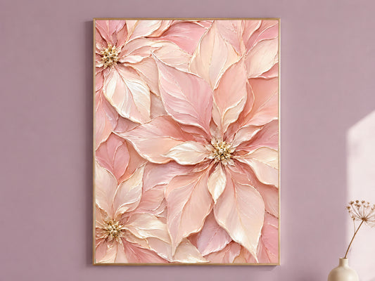 Framed pink poinsettia painting on mauve wall, blush and gold floral close-up