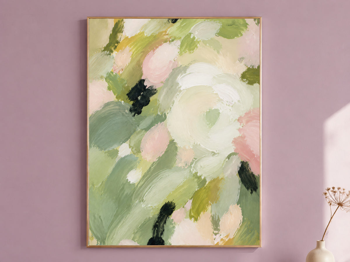 Sage Green Abstract Floral Painting, Blush Pink Botanical Wall Art - Digital Download