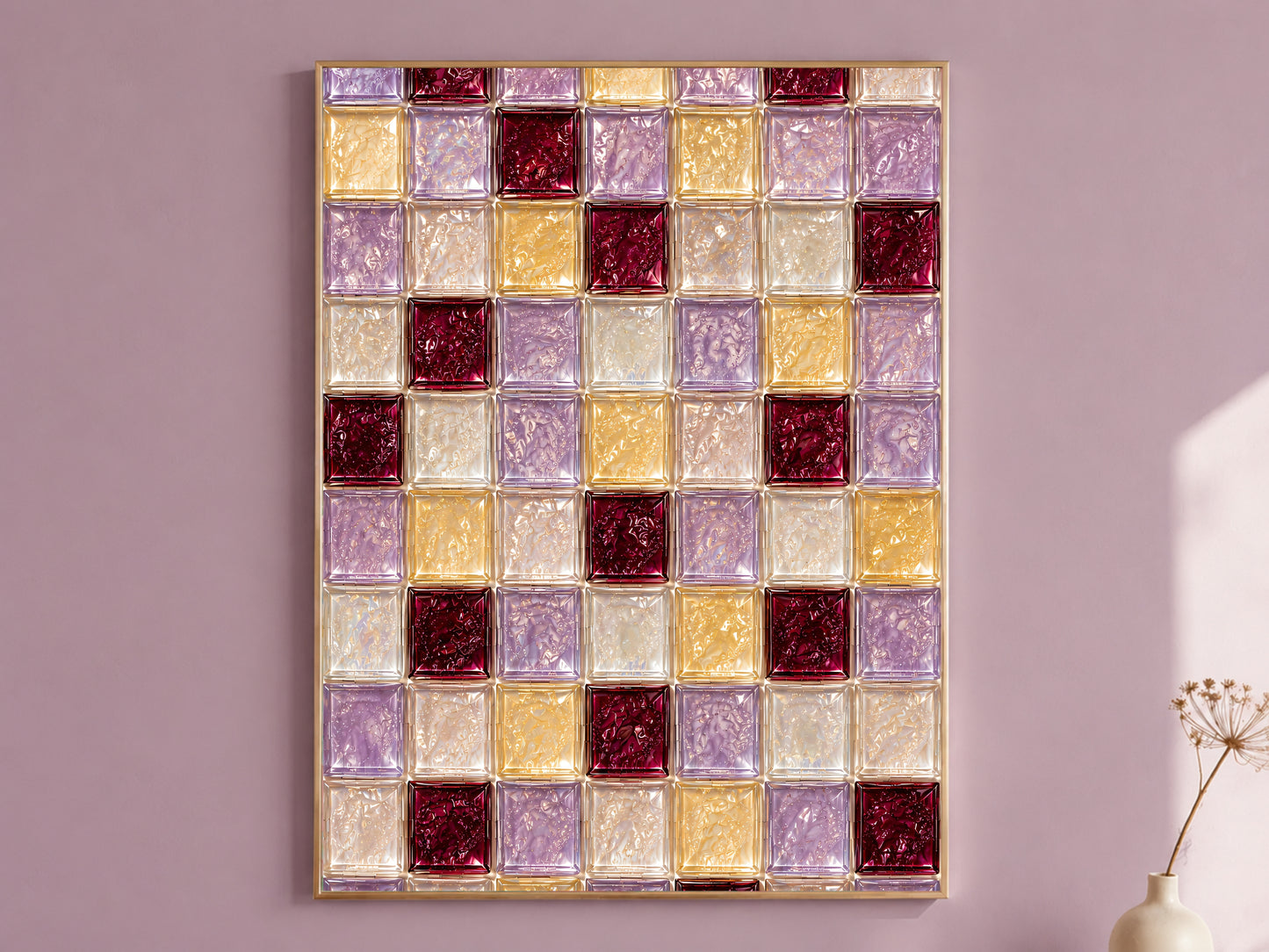 Lilac, gold, and wine berry glass tile wall art in a gold frame on a mauve wall