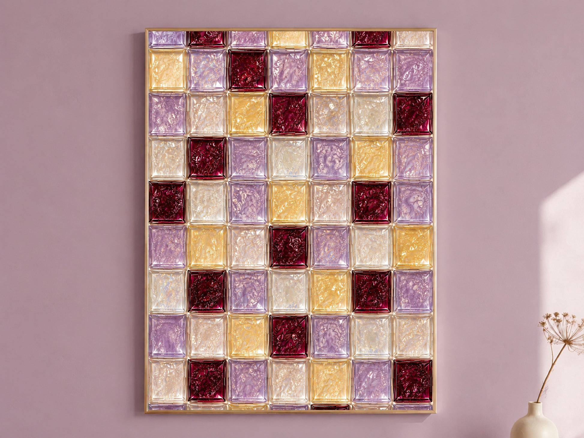 Lilac, gold, and wine berry glass tile wall art in a gold frame on a mauve wall