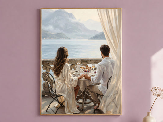 Lake Como Wall Art, Romantic Couple Breakfast Oil Painting Print - Digital Download