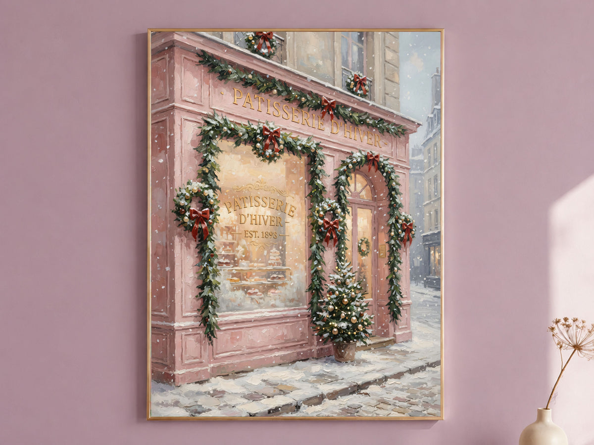 French Patisserie Christmas Print, Pink Paris Bakery Wall Art - Digital Download
