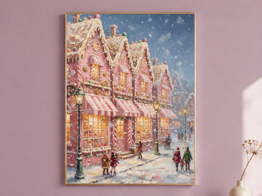 Gingerbread Village Wall Art, Candyland Christmas Street Print - Digital Download