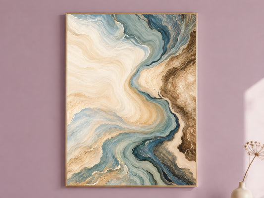 Blue and Beige Abstract Wall Art, Coastal Marble Swirl Print, Dusty Blue and Brown Painting, Printable Neutral Decor, Digital Download