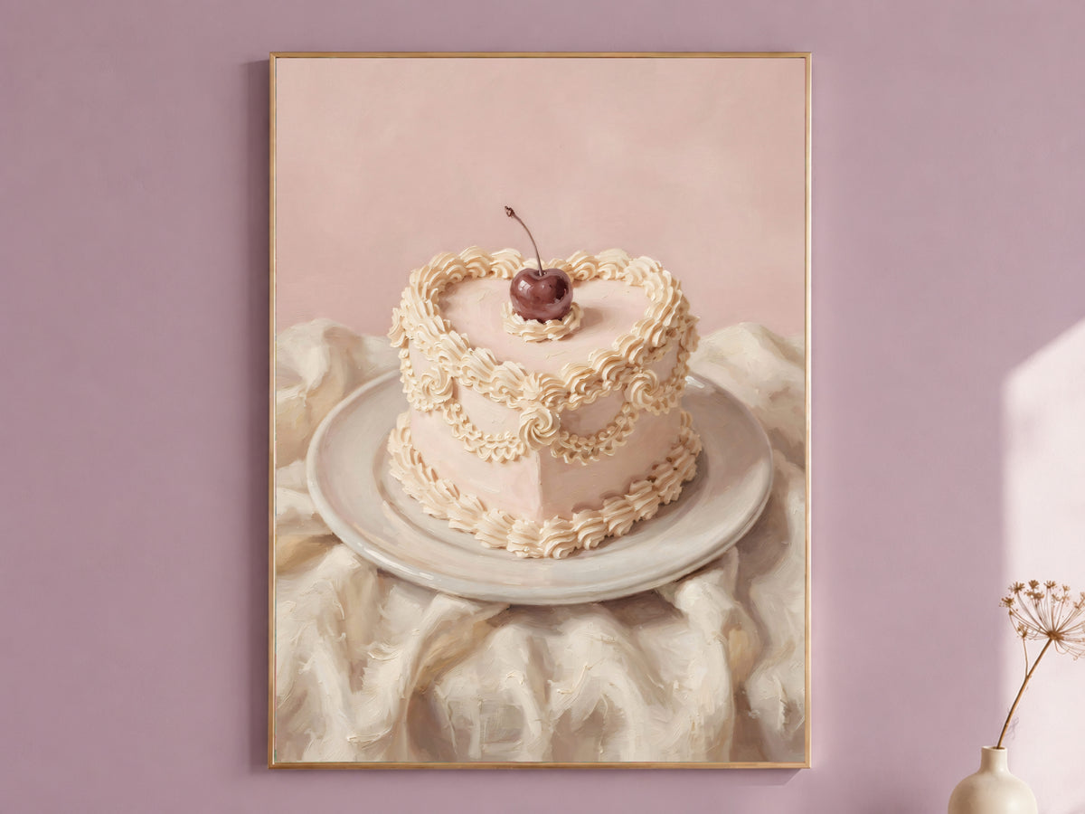 Vintage Heart Cake Painting Print, Pink Cherry Cake Still Life, Coquette Kitchen Art, Digital Download