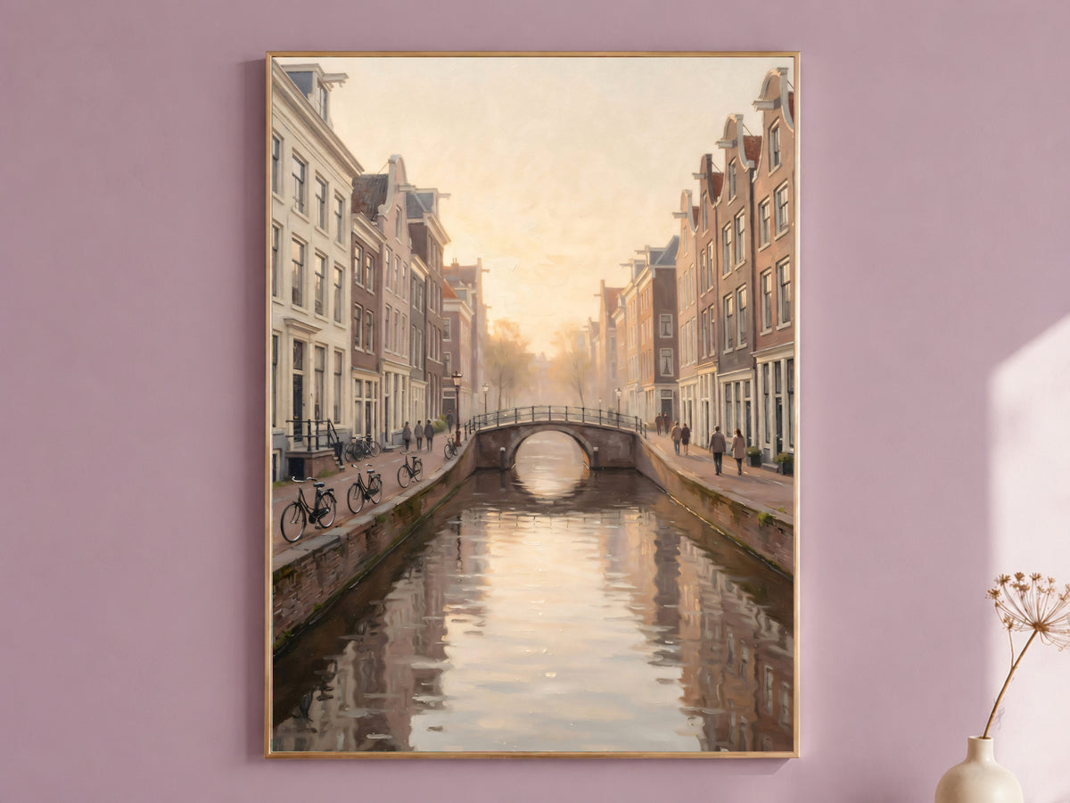 Dutch Canal Painting Print, Soft Golden Hour City Art, Neutral European Canal Wall Art, Printable Digital Download