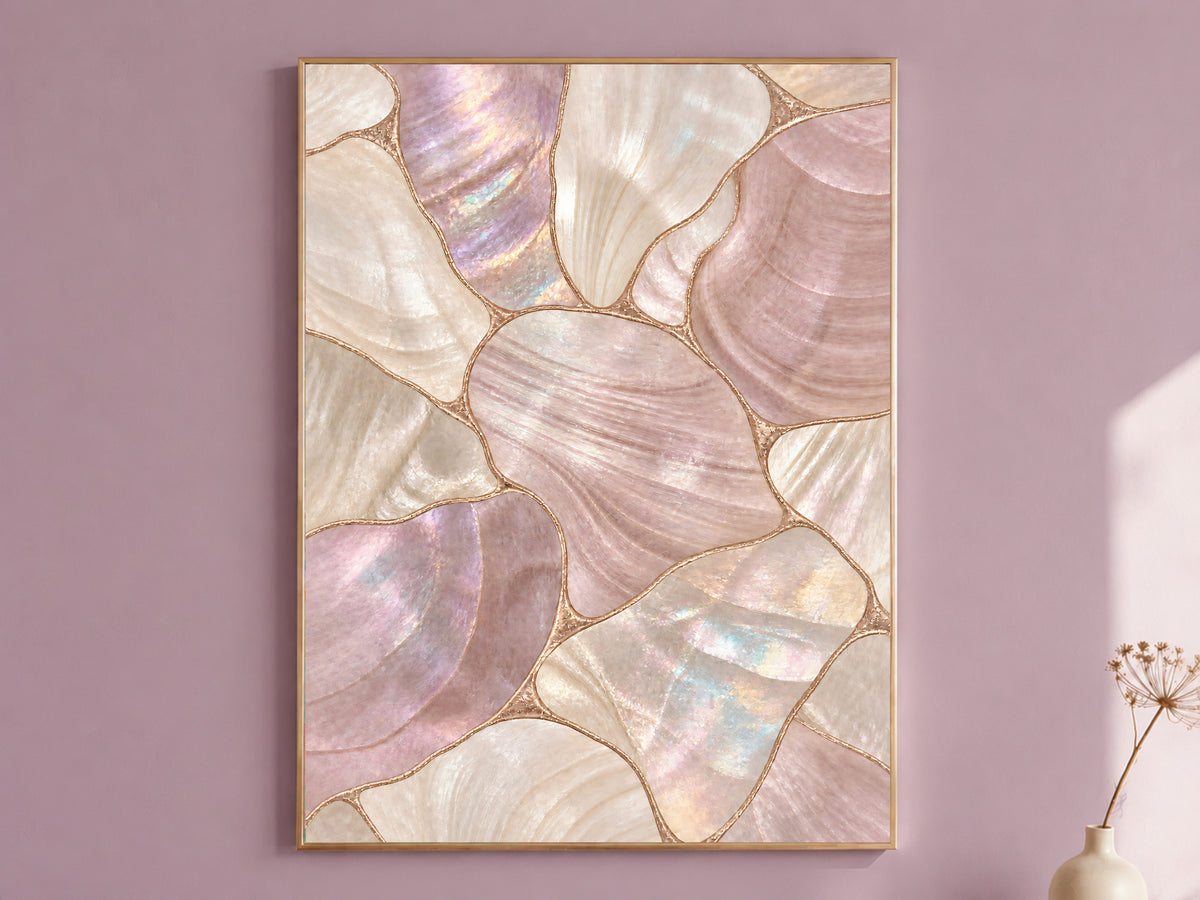 Dusty Rose Mother of Pearl Wall Art, Mauve Shell Mosaic Print, Copper Gold Lines, Romantic Bedroom Decor, Glam Poster, Instant Download