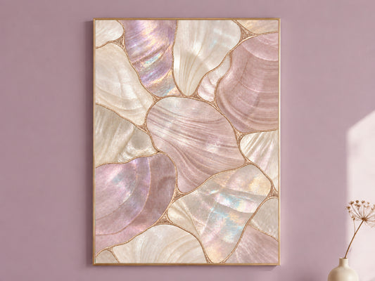 Dusty Rose Mother of Pearl Wall Art, Mauve Shell Mosaic Print, Copper Gold Lines, Romantic Bedroom Decor, Glam Poster, Instant Download