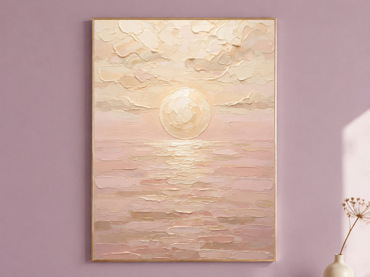 Neutral Blush Sunset Painting Print, Minimalist Cream Seascape, Soft Abstract Sea Wall Art, Printable Digital Download