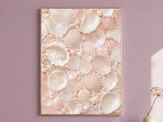 Blush pink seashell mosaic wall art framed in gold, displayed on a dusty mauve wall with a dried flower stem