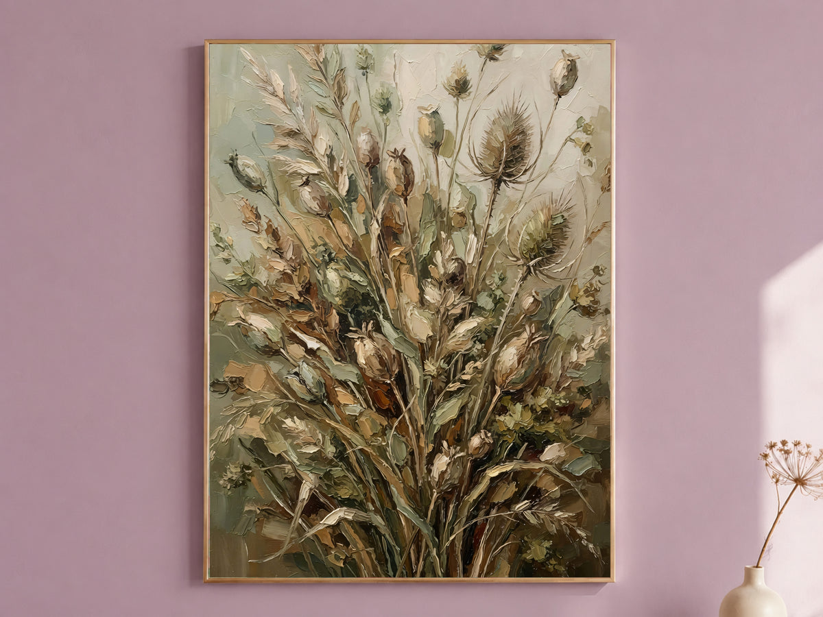 Dried Botanical Wall Art, Sage Green Impasto Oil Painting - Digital Download