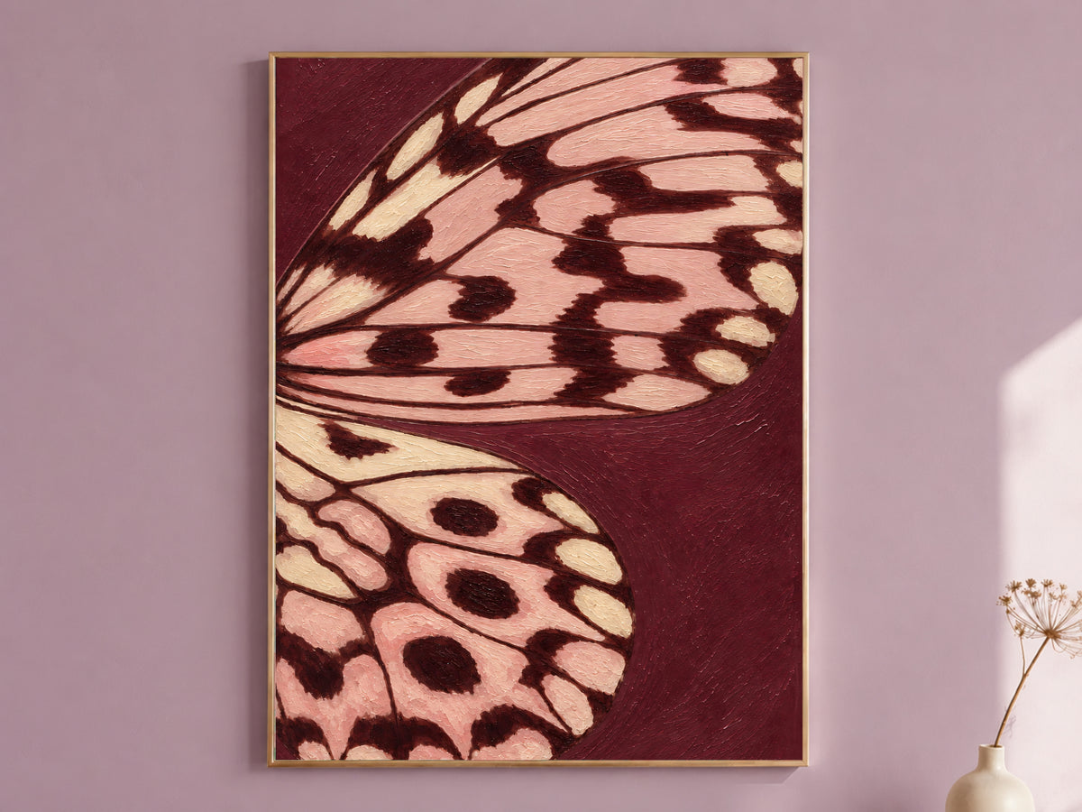 Butterfly Wing Wall Art, Burgundy Blush Pink Impasto Print - Digital Download