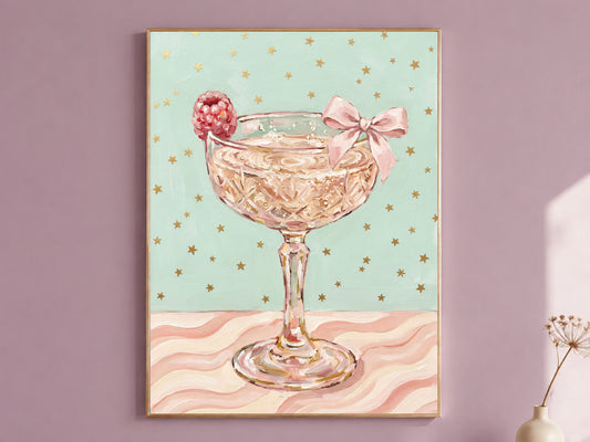 Champagne Coupe Wall Art, Pink Bow Coquette Oil Painting Print - Digital Download